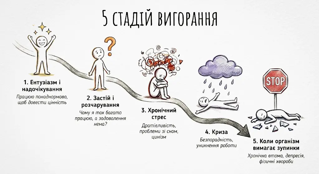 П'ять стадій емоційного вигорання: від ентузіазму до хронічного виснаження. Інфографіка симптомів вигорання