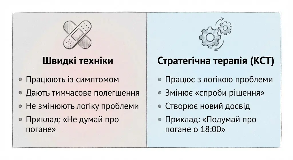 Порівняльна таблиця: швидкі техніки самодопомоги від тривоги vs короткострокова стратегічна терапія (КСТ)
