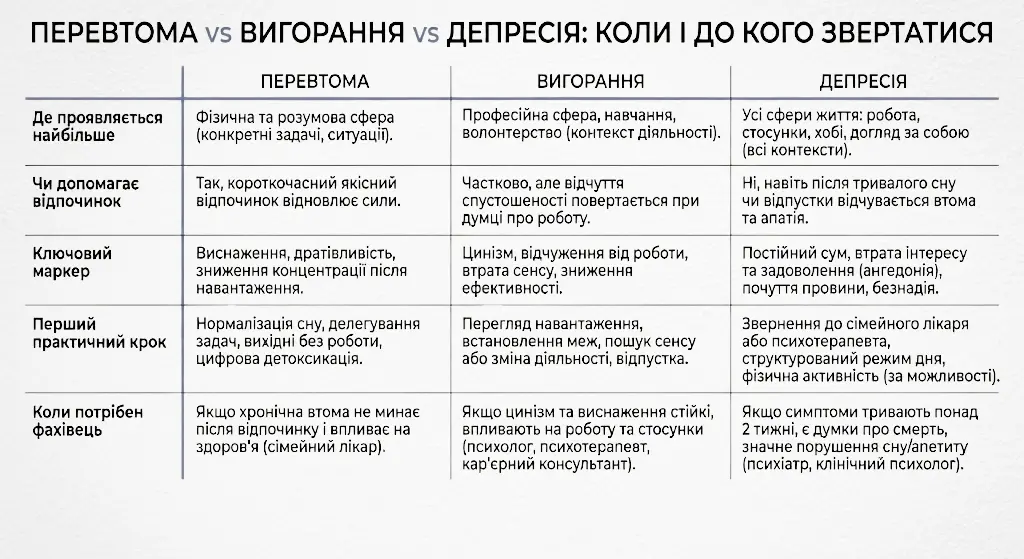 Таблиця: вигорання, перевтома і депресія — відмінності, симптоми та коли звертатися по допомогу.