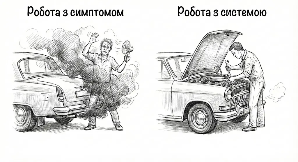 Метафора диму і машини. Техніки самодопомоги це просто спроби розігнати дим, без ремонту двигуна