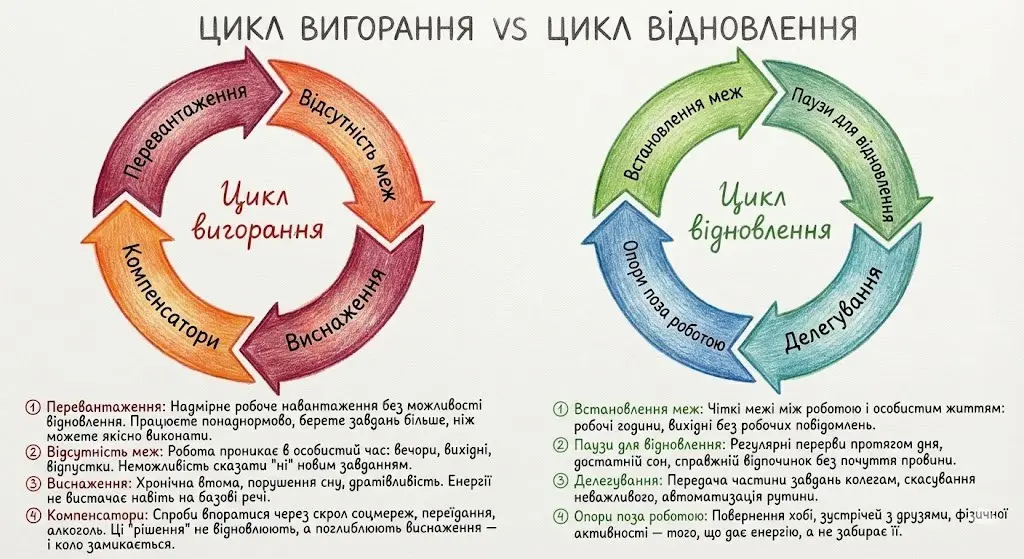 Схема циклу вигорання та шляхів виходу: від перевантаження до відновлення через встановлення меж